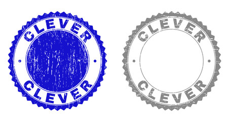 Grunge CLEVER stamp seals isolated on a white background. Rosette seals with grunge texture in blue and gray colors. Vector rubber stamp imitation of CLEVER text inside round rosette.