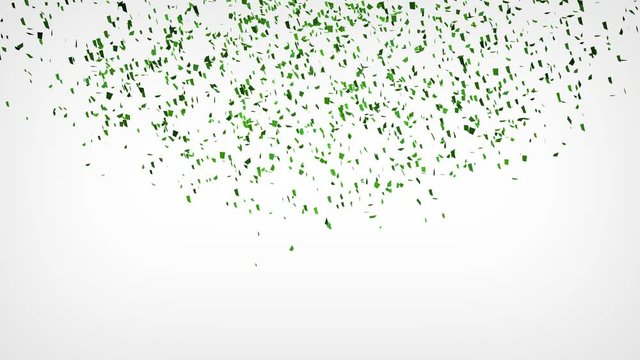 Green confetti explosion falling down on white background. 4K