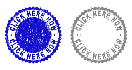 Grunge CLICK HERE NOW stamp seals isolated on a white background. Rosette seals with distress texture in blue and gray colors. Vector rubber stamp imprint of CLICK HERE NOW tag inside round rosette.