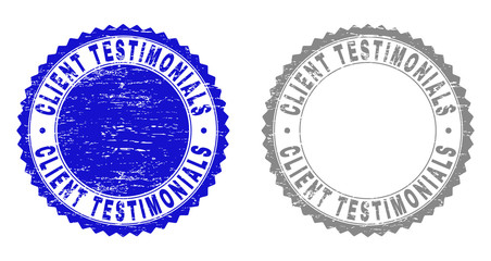 Grunge CLIENT TESTIMONIALS stamp seals isolated on a white background. Rosette seals with grunge texture in blue and gray colors.