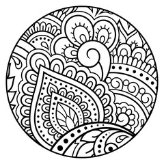 Outline round floral pattern in mehndi style for coloring book page. Antistress for adults and children. Doodle ornament in black and white. Hand draw vector illustration.