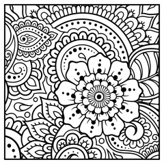 Outline square floral pattern in mehndi style for coloring book page. Antistress for adults and children. Doodle ornament in black and white. Hand draw vector illustration.