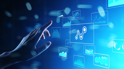 Big data analysis, business intelligence, technology solutions concept on virtual screen.