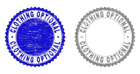 Grunge CLOTHING OPTIONAL stamp seals isolated on a white background. Rosette seals with grunge texture in blue and gray colors. Vector rubber overlay of CLOTHING OPTIONAL text inside round rosette.