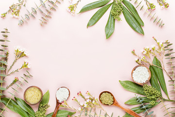 Bio herbal green cosmetic arrangement, sea salt and handmade cosmetic.
