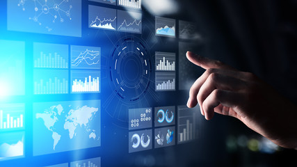 Virtual screen business intelligence dashboard, analytics and big data technology concept.