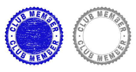 Obraz premium Grunge CLUB MEMBER stamp seals isolated on a white background. Rosette seals with grunge texture in blue and gray colors. Vector rubber stamp imprint of CLUB MEMBER title inside round rosette.