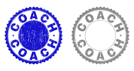 Grunge COACH stamp seals isolated on a white background. Rosette seals with grunge texture in blue and grey colors. Vector rubber stamp imprint of COACH label inside round rosette.