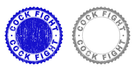 Obraz premium Grunge COCK FIGHT stamp seals isolated on a white background. Rosette seals with grunge texture in blue and grey colors. Vector rubber stamp imitation of COCK FIGHT tag inside round rosette.