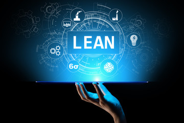 Lean, Six sigma, quality control and manufacturing process management concept on virtual screen.