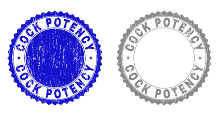 Grunge COCK POTENCY stamp seals isolated on a white background. Rosette seals with grunge texture in blue and gray colors. Vector rubber stamp imprint of COCK POTENCY tag inside round rosette.
