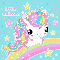 Obraz na płótnie Canvas Cute, kawaii, rainbow unicorn on a blue background. Vector