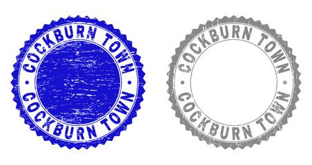 Grunge COCKBURN TOWN stamp seals isolated on a white background. Rosette seals with grunge texture in blue and grey colors. Vector rubber stamp imprint of COCKBURN TOWN text inside round rosette.