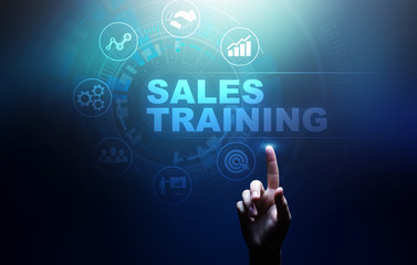 Sales training, business development and financial growth concept on virtual screen.
