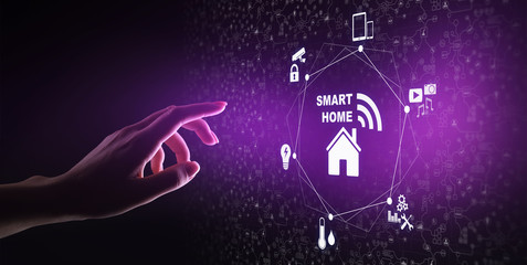 Smart home control panel on virtual screen. IOT and Automation technology concept.