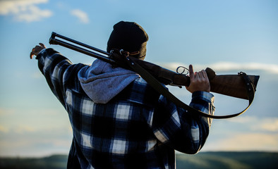 Noticed game. Man brutal unshaved gamekeeper nature background. Hunting permit. Hunting brutal...