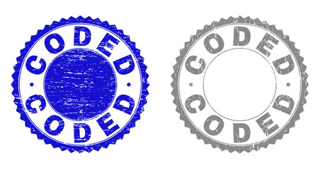 Grunge CODED stamp seals isolated on a white background. Rosette seals with grunge texture in blue and grey colors. Vector rubber stamp imitation of CODED label inside round rosette.