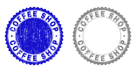 Grunge COFFEE SHOP stamp seals isolated on a white background. Rosette seals with distress texture in blue and grey colors. Vector rubber stamp imprint of COFFEE SHOP text inside round rosette.
