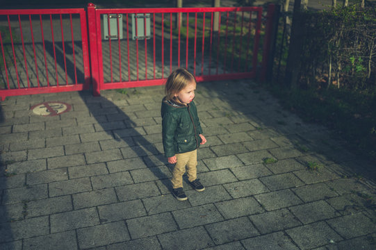 Little toddler standing by gate in park