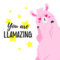 Vector cartoon card. Sweet llama. Doodle illustration. Template, background for print, design. Romantic greetings Happy Valentine s Day