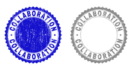 Grunge COLLABORATION stamp seals isolated on a white background. Rosette seals with grunge texture in blue and grey colors. Vector rubber stamp imprint of COLLABORATION text inside round rosette.
