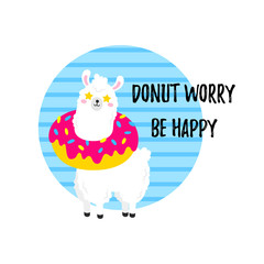 Vector cartoon card. Doodle illustration. Template, background for print, design. Cute poster with a funny llama with donut around his neck