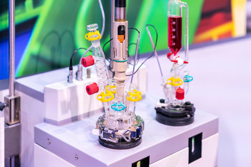 Close up equipment lab set of process fractional distillation for element check analysis or...