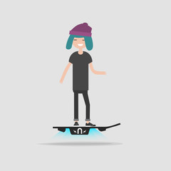 Young haracter rides on flying skateboard.flat cartoon design