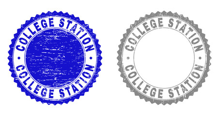Grunge COLLEGE STATION stamp seals isolated on a white background. Rosette seals with grunge texture in blue and gray colors. Vector rubber stamp imprint of COLLEGE STATION title inside round rosette.