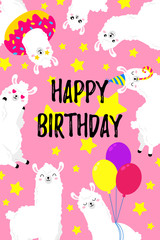 Birthday vector cartoon greeting card design. Doodle illustration. Template, background for print, design. Funny poster with funny lamas. Happy birthday party