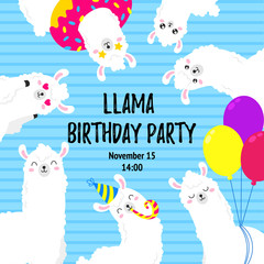 Birthday vector cartoon greeting card design. Doodle illustration. Template, background for print, design. Funny poster with funny lamas. Happy birthday party © yepifanovahelen