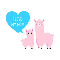 Vector cartoon card. Doodle illustration. Template, background for print, design. Cute poster with fun llama and baby. Happy mother s day