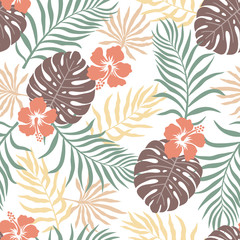 Tropical background with palm leaves. Seamless floral pattern. Summer vector illustration. Flat jungle print