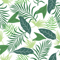 Naklejka na ściany i meble Tropical background with palm leaves. Seamless floral pattern. Summer vector illustration. Flat jungle print
