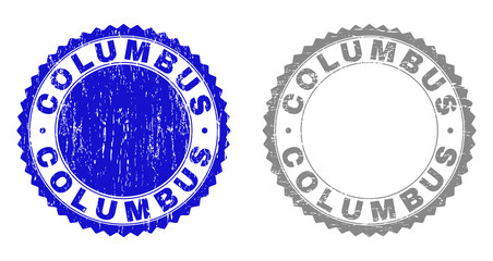 Grunge COLUMBUS watermarks isolated on a white background. Rosette seals with grunge texture in blue and grey colors. Vector rubber stamp imprint of COLUMBUS tag inside round rosette.