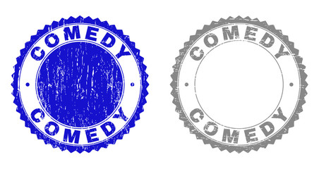Grunge COMEDY stamp seals isolated on a white background. Rosette seals with grunge texture in blue and grey colors. Vector rubber stamp imprint of COMEDY title inside round rosette.