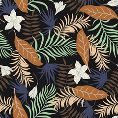 Fototapeta na wymiar Tropical background with palm leaves and flowers. Seamless floral pattern. Summer vector illustration. Flat jungle print