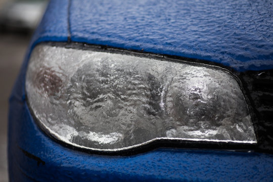 Frozen headlight of a car