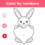 Color by numbers for preschool kids, Valentines day cartoon kawaii rabbit with big heart, coloring page or book. Educational math game. Vector illustration.