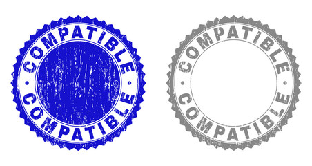 Grunge COMPATIBLE stamp seals isolated on a white background. Rosette seals with grunge texture in blue and gray colors. Vector rubber watermark of COMPATIBLE title inside round rosette.