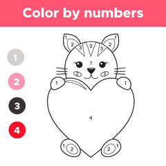 Color by numbers for preschool kids, Valentines day cartoon kawaii cat with big heart, coloring page or book. Educational math game. Vector illustration.