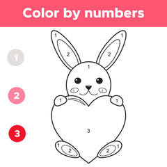 Obraz na płótnie Canvas Color by numbers for preschool kids, Valentines day cartoon kawaii rabbit with big heart, coloring page or book. Educational math game. Vector illustration.