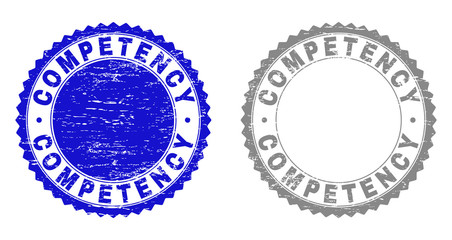 Grunge COMPETENCY stamp seals isolated on a white background. Rosette seals with grunge texture in blue and grey colors. Vector rubber stamp imitation of COMPETENCY tag inside round rosette.
