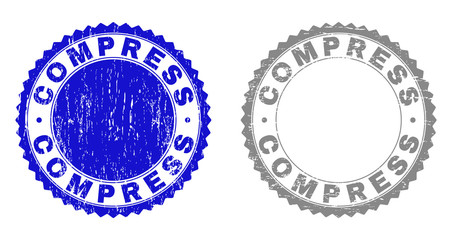 Grunge COMPRESS stamp seals isolated on a white background. Rosette seals with grunge texture in blue and grey colors. Vector rubber watermark of COMPRESS caption inside round rosette.