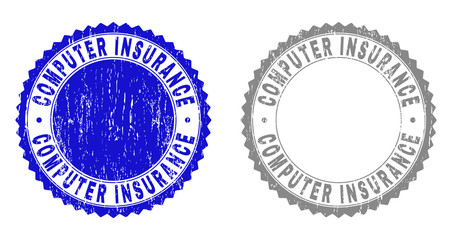 Grunge COMPUTER INSURANCE stamp seals isolated on a white background. Rosette seals with grunge texture in blue and grey colors.
