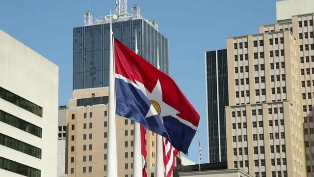 City Hall Flags, Park Plaza, Downtown Dallas Skyline, Texas, USA