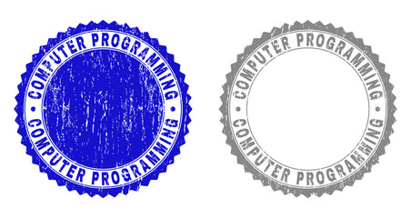 Grunge COMPUTER PROGRAMMING stamp seals isolated on a white background. Rosette seals with grunge texture in blue and grey colors.
