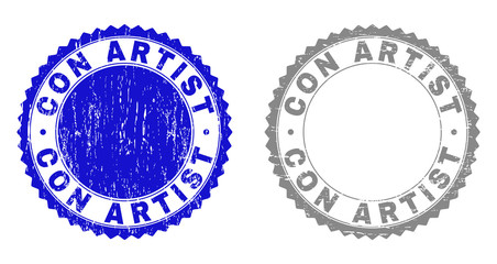 Obraz premium Grunge CON ARTIST stamp seals isolated on a white background. Rosette seals with grunge texture in blue and grey colors. Vector rubber watermark of CON ARTIST text inside round rosette.