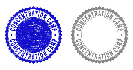 Grunge CONCENTRATION CAMP stamp seals isolated on a white background. Rosette seals with grunge texture in blue and grey colors. Vector rubber watermark of CONCENTRATION CAMP tag inside round rosette.