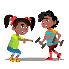 Little Girls And Boys Doing Gymnastic Exercises Vector. Isolated Illustration